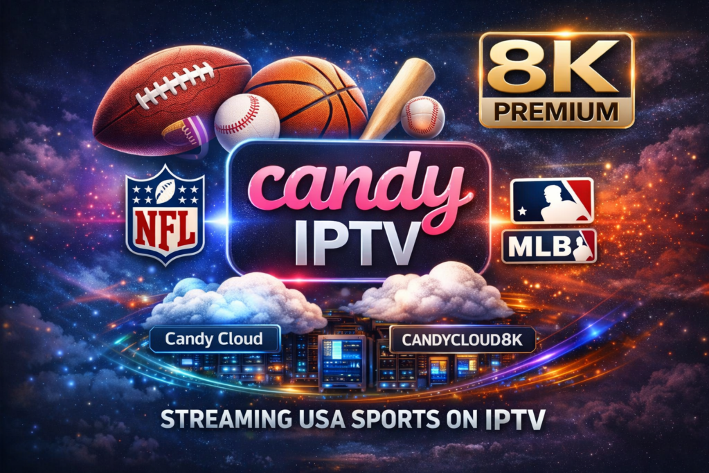 Candy IPTV streaming USA sports live with Candy Cloud Candycloud8k 8K PREMIUM showing NFL, NBA, and MLB games