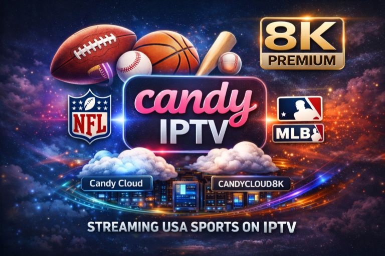 Candy IPTV streaming USA sports live with Candy Cloud Candycloud8k 8K PREMIUM showing NFL, NBA, and MLB games