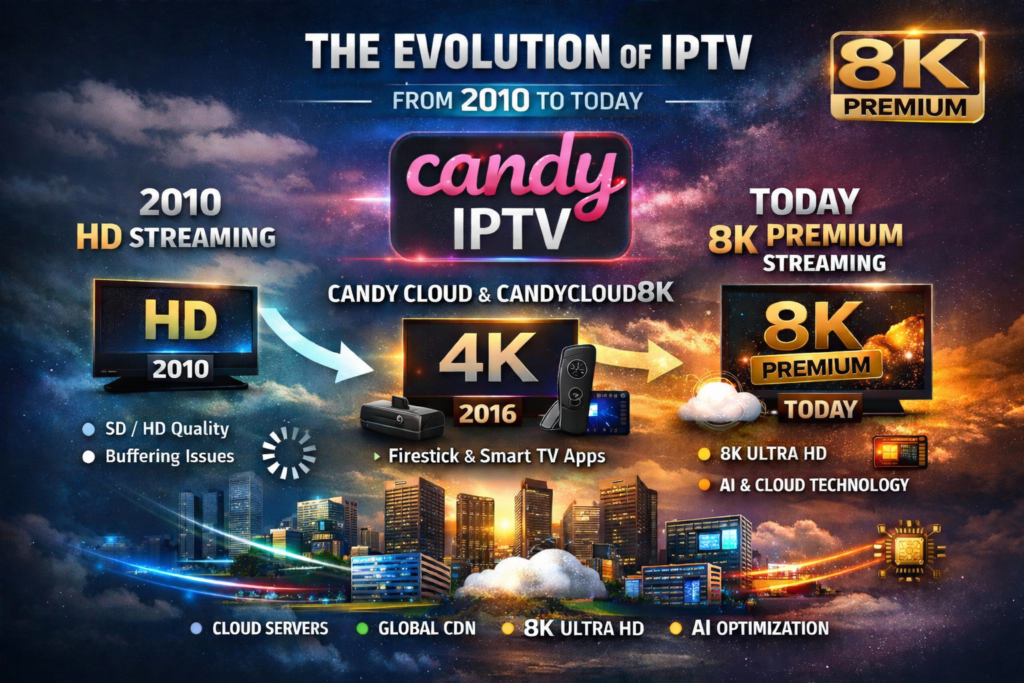 Evolution of IPTV from 2010 to today with Candy IPTV logo, Candy Cloud and 8K PREMIUM streaming