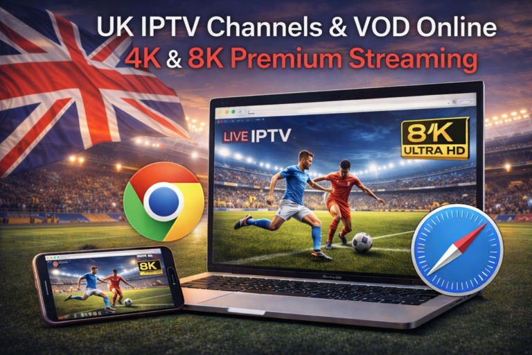UK IPTV channels and VOD online streaming in Chrome and Safari browser with 8K premium quality