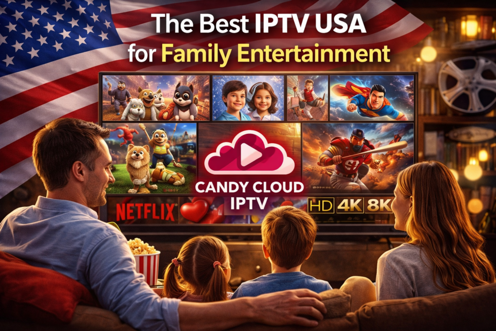 Best IPTV USA for family entertainment showing parents and kids watching movies cartoons and sports on smart TV with USA flag using Candy Cloud IPTV 4K 8K streaming