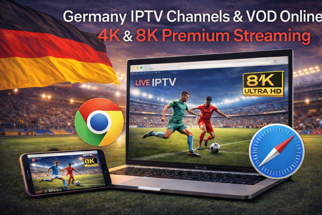 Germany IPTV channels and VOD online streaming in Chrome and Safari browser with 8K premium quality