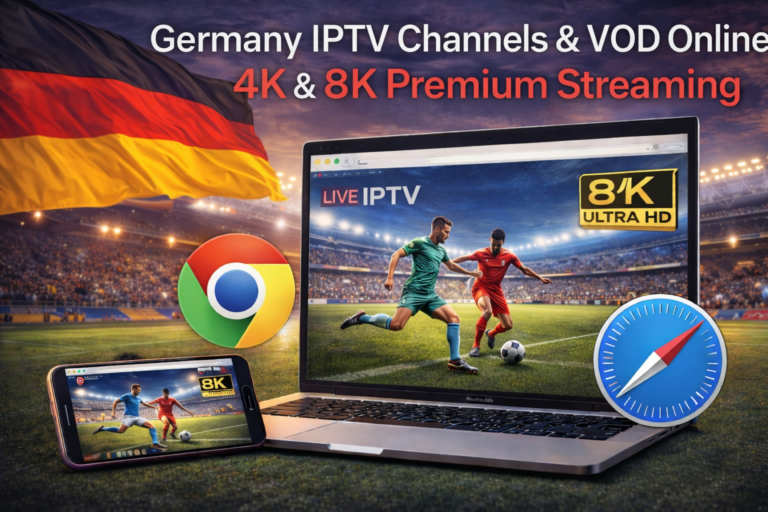 Germany IPTV channels and VOD online streaming in Chrome and Safari browser with 8K premium quality