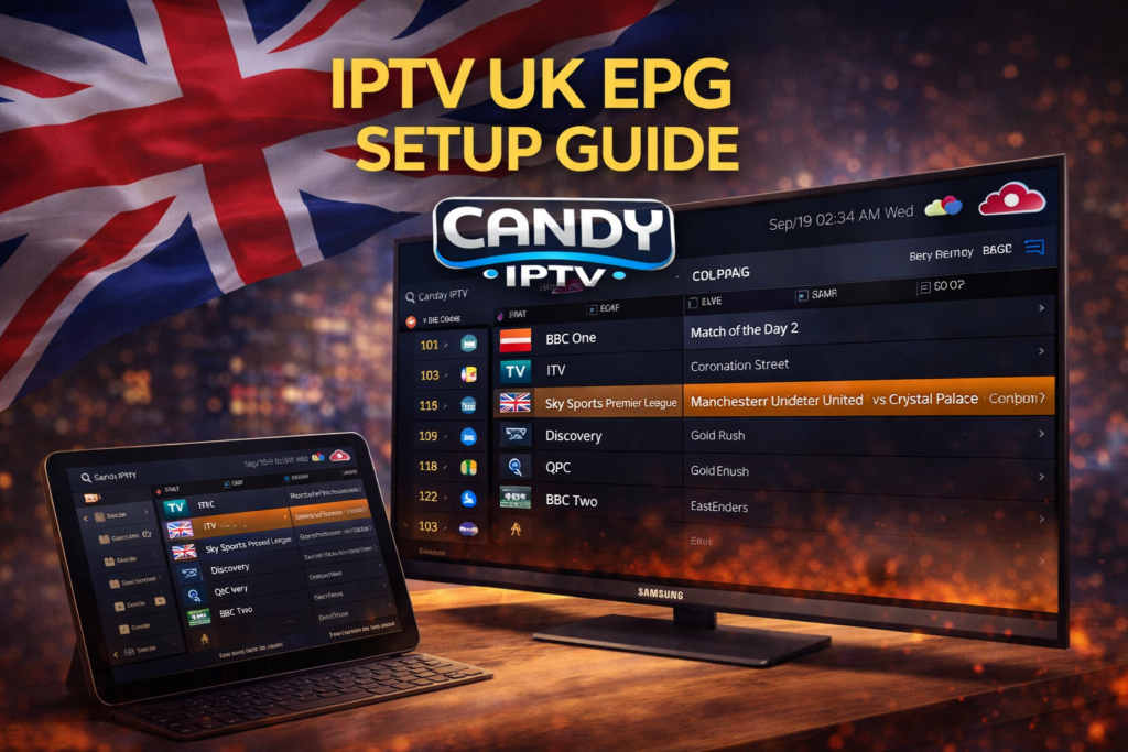 IPTV UK EPG setup on smart TV and tablet with electronic program guide interface Candy Cloud IPTV