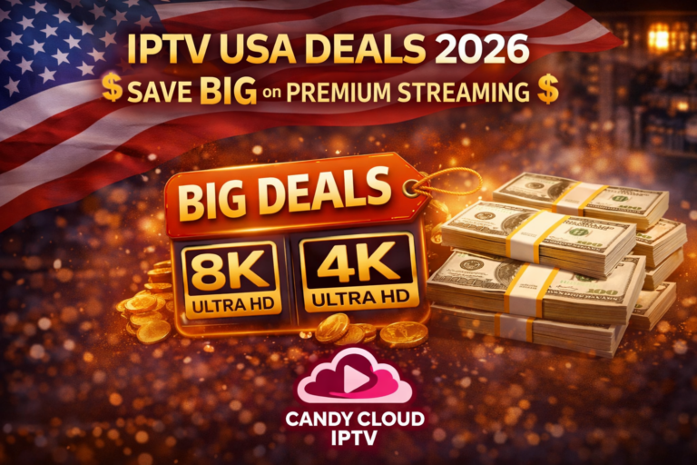 IPTV USA Deals 2026 showing big discounts on 4K and 8K premium with Candy Cloud IPTV branding