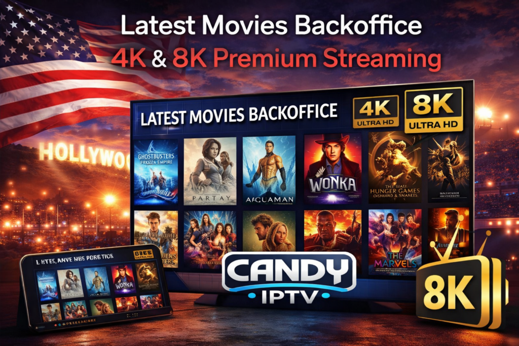Latest movies backoffice on Candy Cloud IPTV showing Hollywood movie library with USA flag and 4K 8K premium IPTV streaming