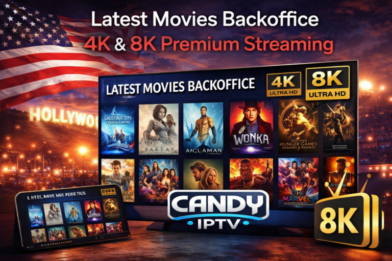 Latest movies backoffice on Candy Cloud IPTV showing Hollywood movie library with USA flag and 4K 8K premium IPTV streaming