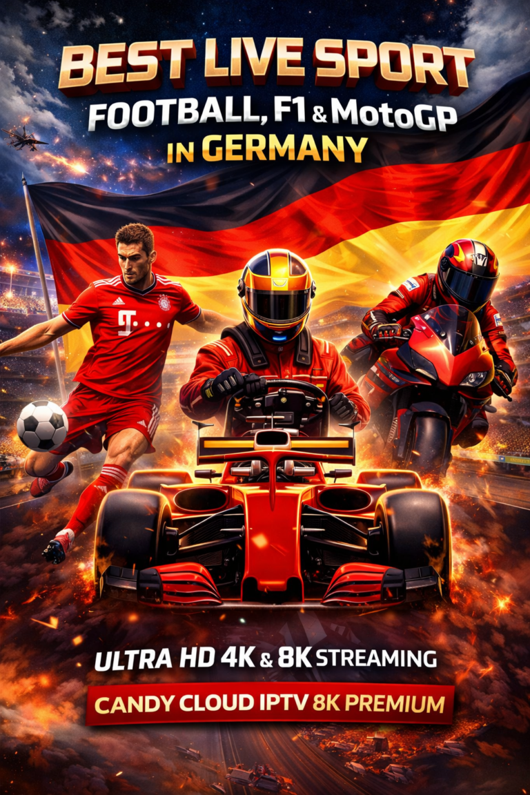 Live sport in Germany featuring Bundesliga football, Formula 1 and MotoGP with German flag in Ultra HD 4K and 8K streaming using Candy Cloud IPTV premium service