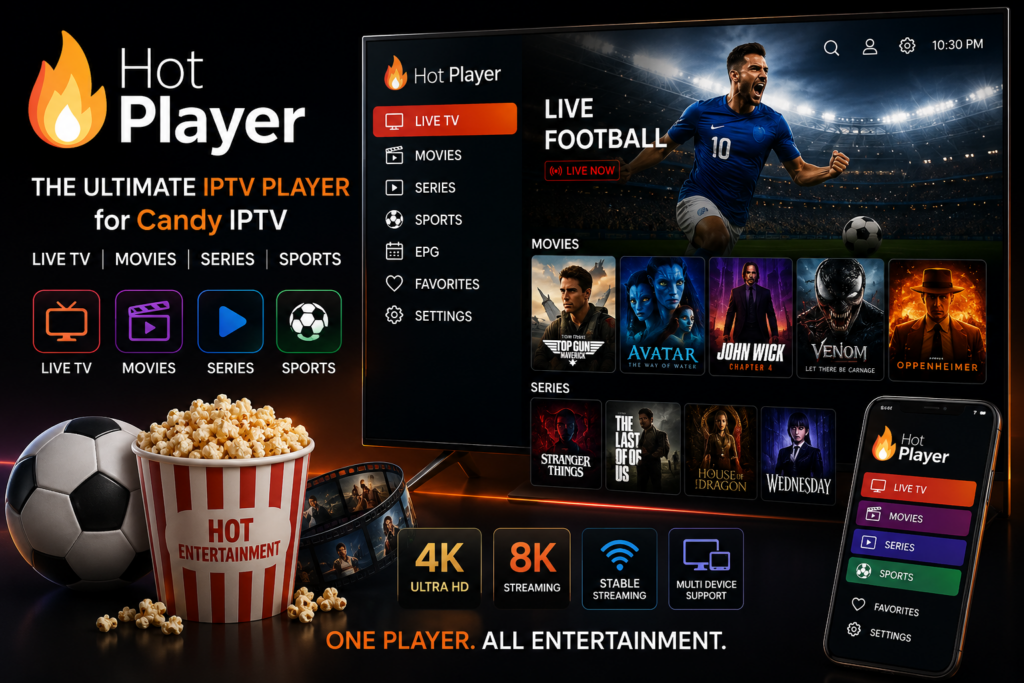 Hot Player IPTV application interface with live football movies and series on smart TV and smartphone for Candy IPTV streaming